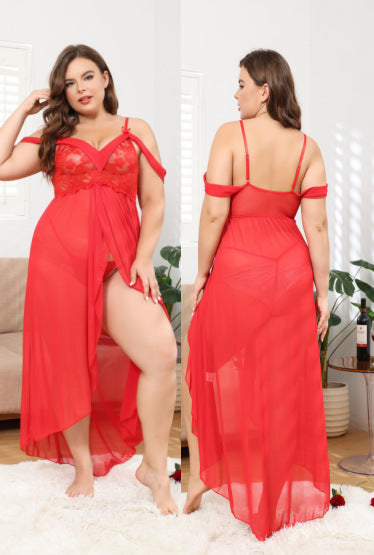 See-through off-the-Shoulder Pajamas Suit Sexy Transparent Lace Long Dress