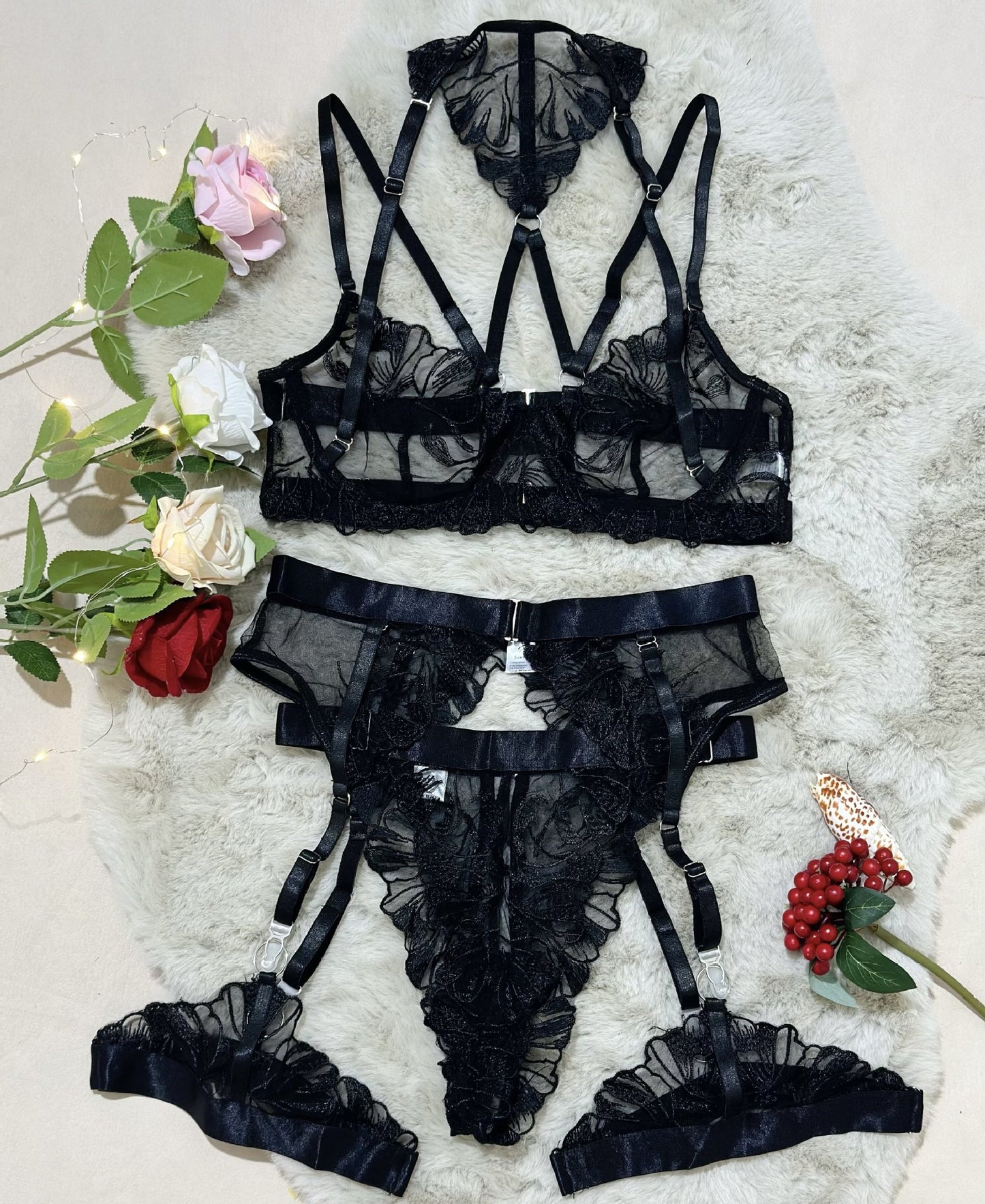Sexy 4-Piece Lingerie Ensemble Black Floral Embroidered with Underwire Sheer Mesh