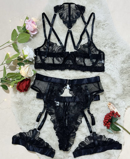 Sexy 4-Piece Lingerie Ensemble Black Floral Embroidered with Underwire Sheer Mesh