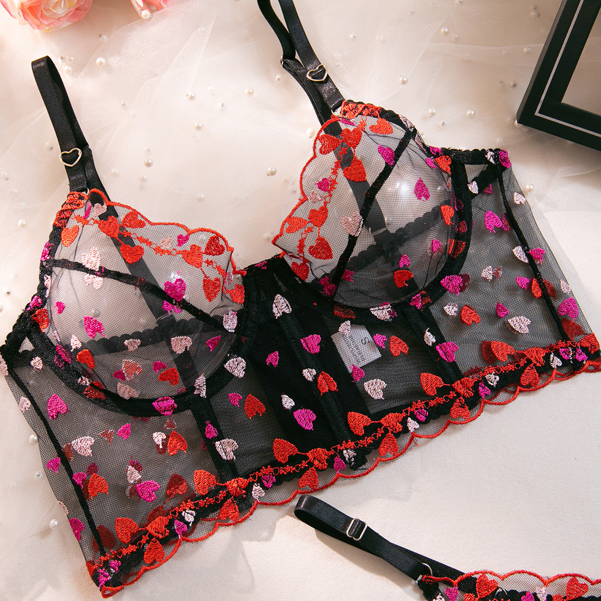 Fishbone Bra Set Love Heart Embroidery Lace See-through Sexy Underwear Set