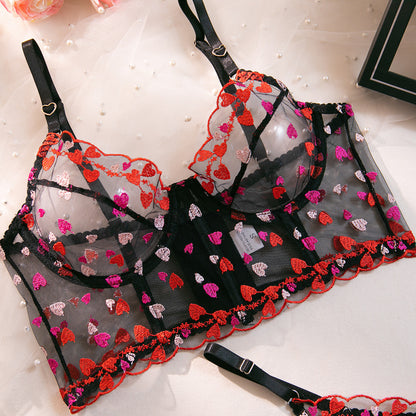 Fishbone Bra Set Love Heart Embroidery Lace See-through Sexy Underwear Set