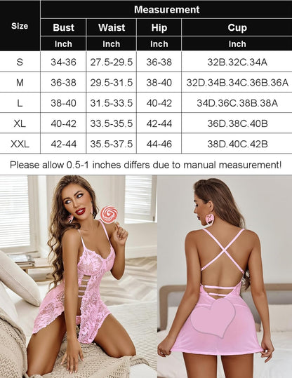 Women's Charming Lace Babydoll Lingerie Set Cute Dress with Thongs Chemise