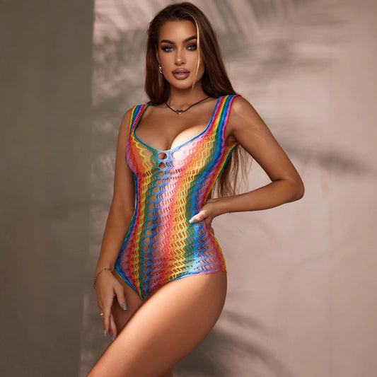 Sexy Cutout Fishnet Clothes Rainbow Slim Fit Jumpsuit