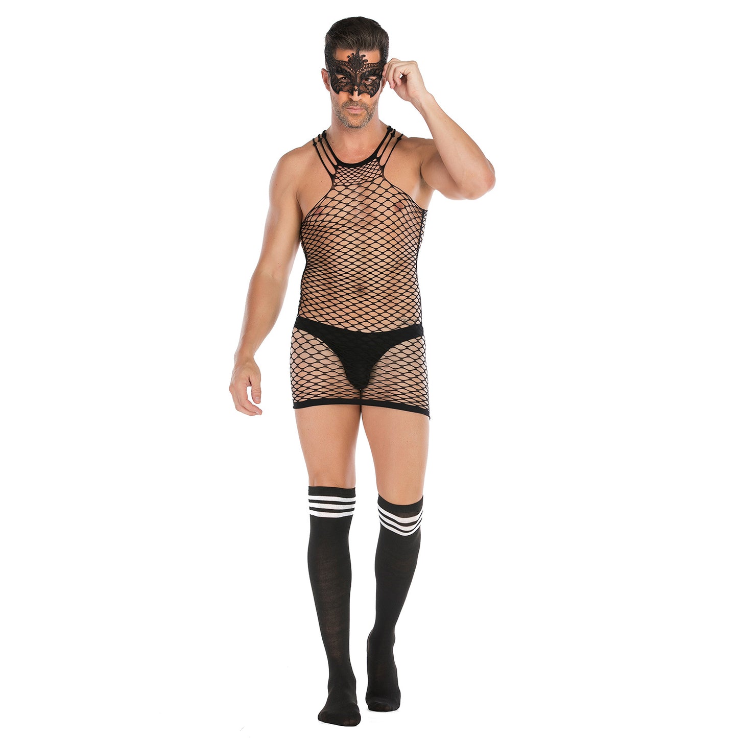 Men's See-Through Fishnet Halter Bodysuit with Striped Stockings and Lace Mask Set