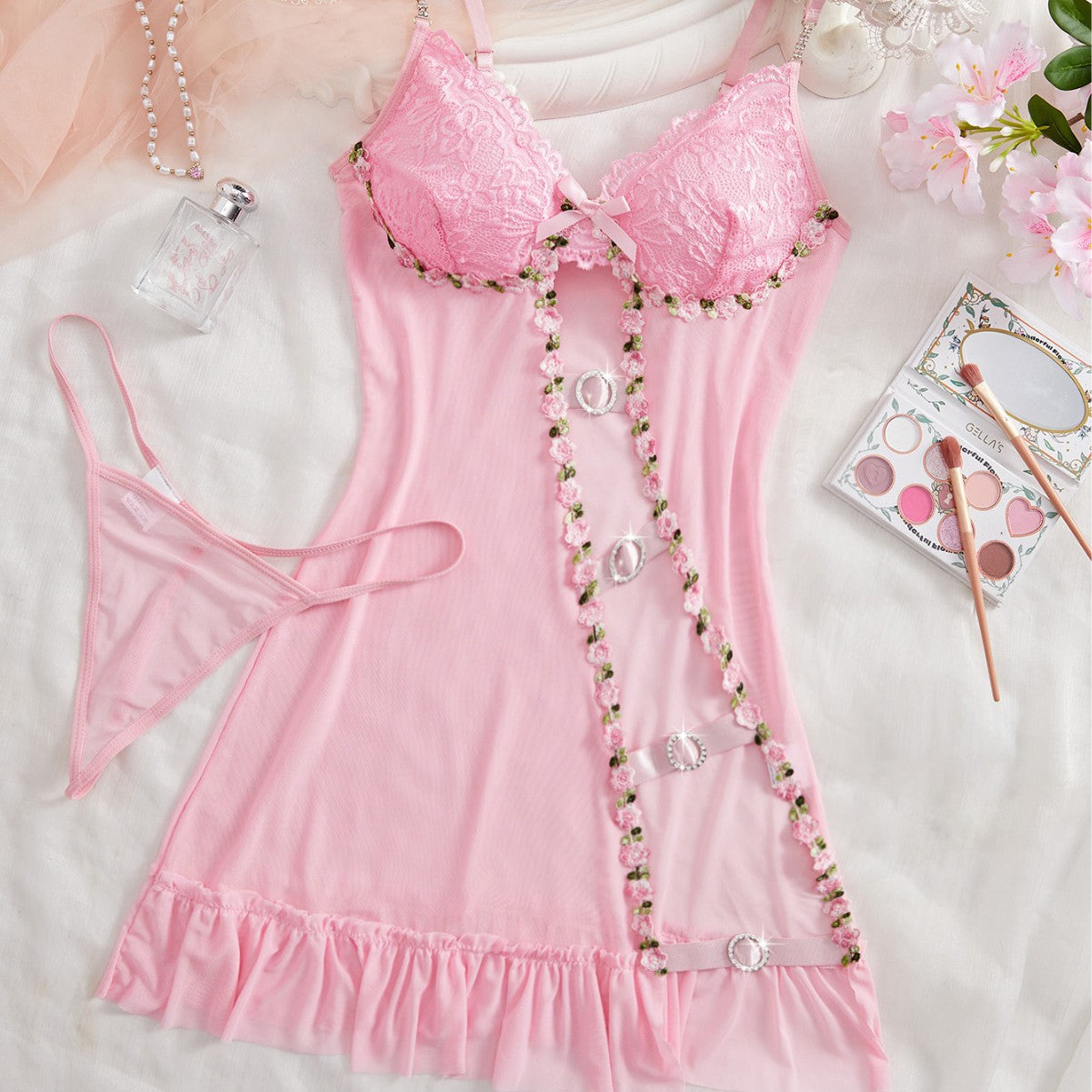 Sexy Strap Hollow Sheer Suspender Dress With Thong Set