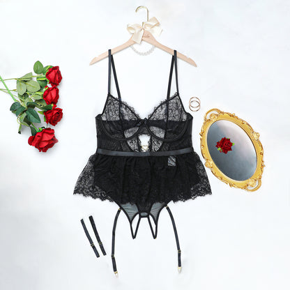 Plus - Size Lace Trimmed Bra with Steel Boning and Garter Belt Sexually Arousing Lingerie Set