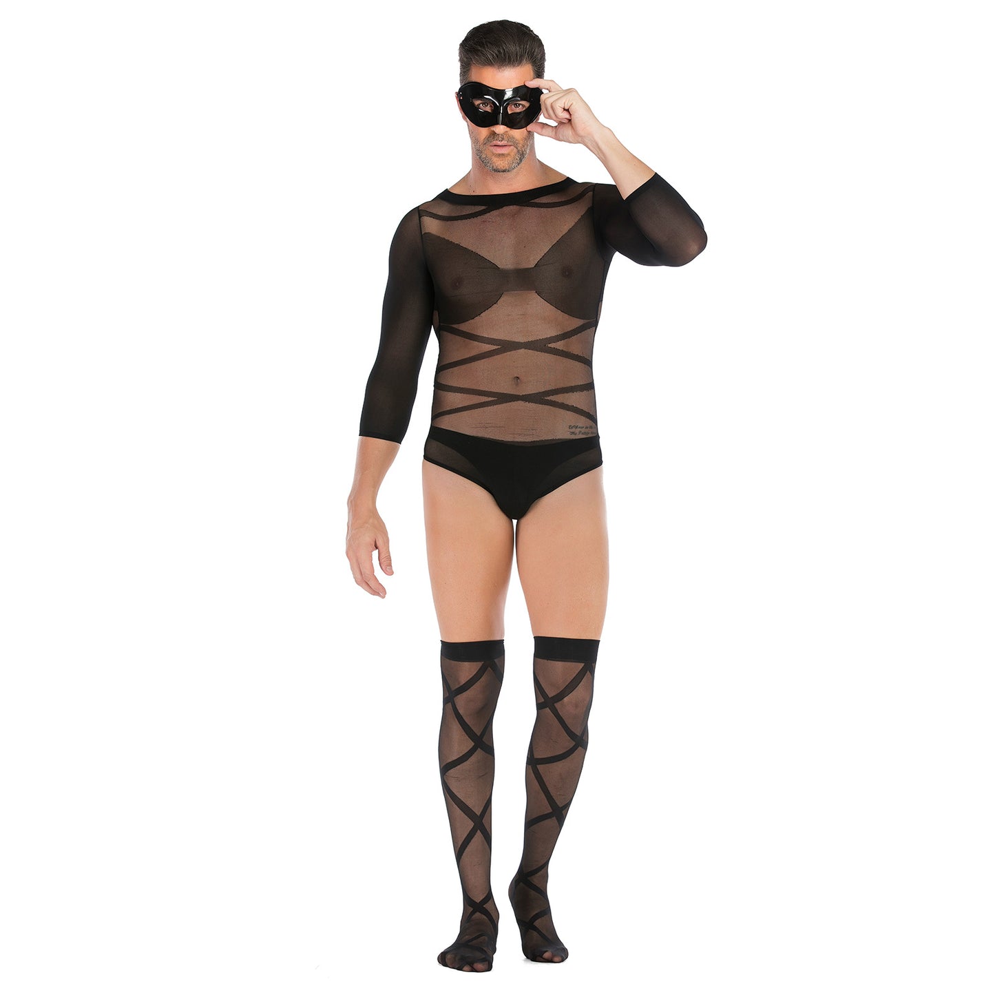 Men's Long-sleeved See-through Fishnet Suit With Cross-striped Stockings And Mask Set
