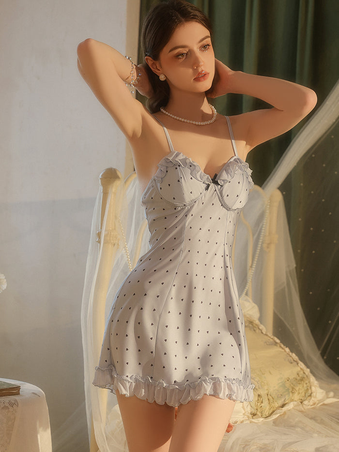 Ruffle Trim Heart Print Slip Dress