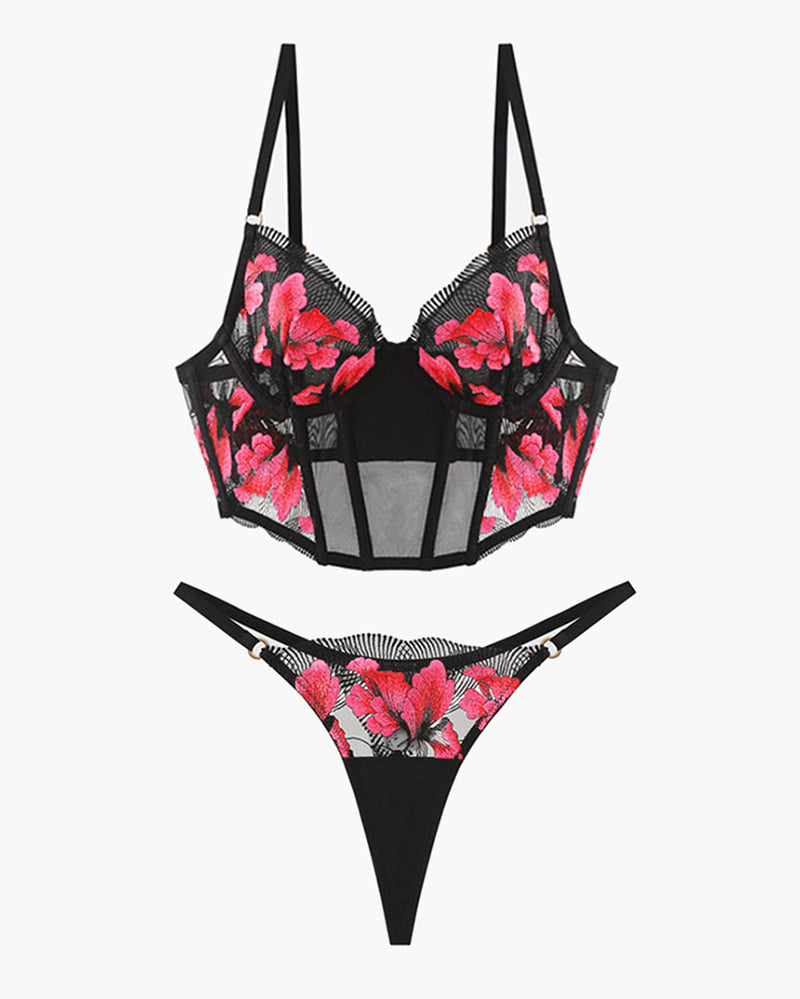 Embroidered Corset Bra and Thong 2 Sets