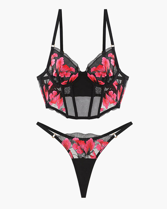 Embroidered Corset Bra and Thong 2 Sets