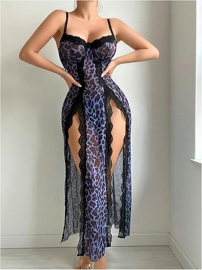 Women's Leopard Lingerie Lace Babydoll Chemise High Slit Mesh Slip Nightgown Thong