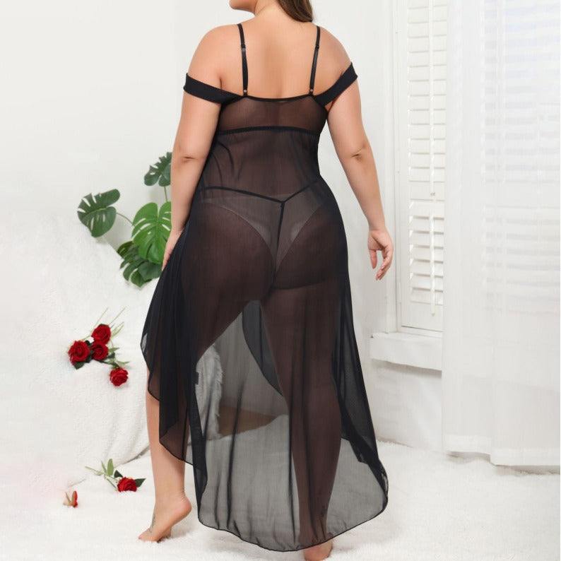 See-through off-the-Shoulder Pajamas Suit Sexy Transparent Lace Long Dress