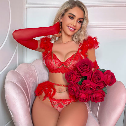 Sexy Lingerie Set with Complex Craft Feather Chain Sexy Embroidery and Breast - revealing Outfit