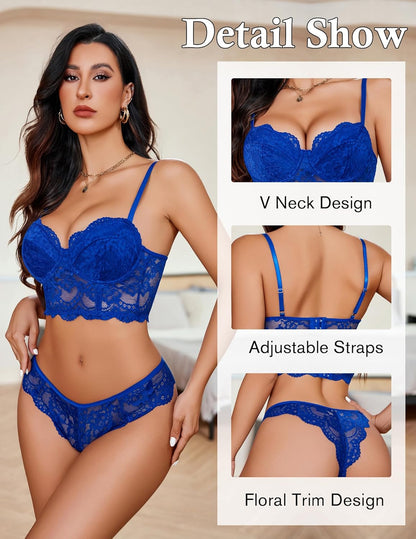 Women's Exquisite 2-Piece Lace Lingerie Set V-Neck Corset Tops Bra PantyNightwear