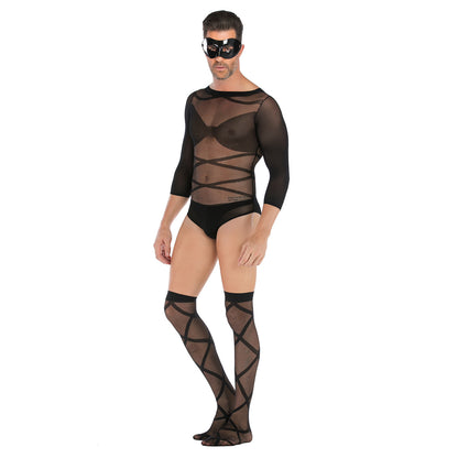 Men's Long-sleeved See-through Fishnet Suit With Cross-striped Stockings And Mask Set