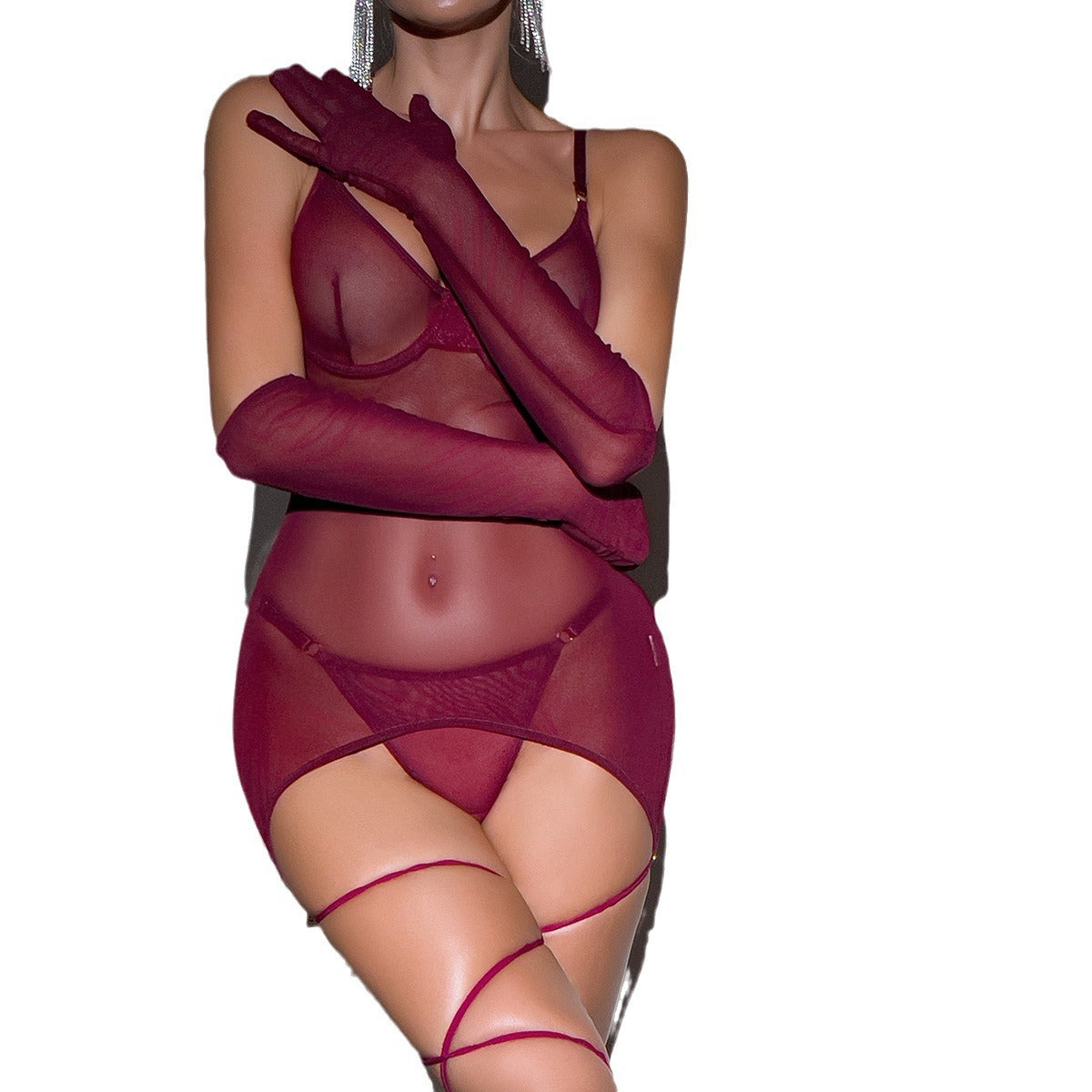 Mesh Sexy Backless See-through Rope Strap Gloves Three-piece Sexy Lingerie