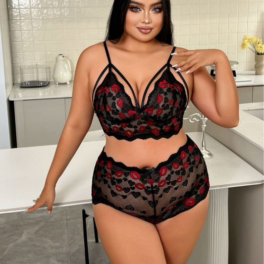 Plus-Size Erotic Lingerie Three-Point Set Semi-Transparent Mesh Sheer Lace Erotic Lingerie Set