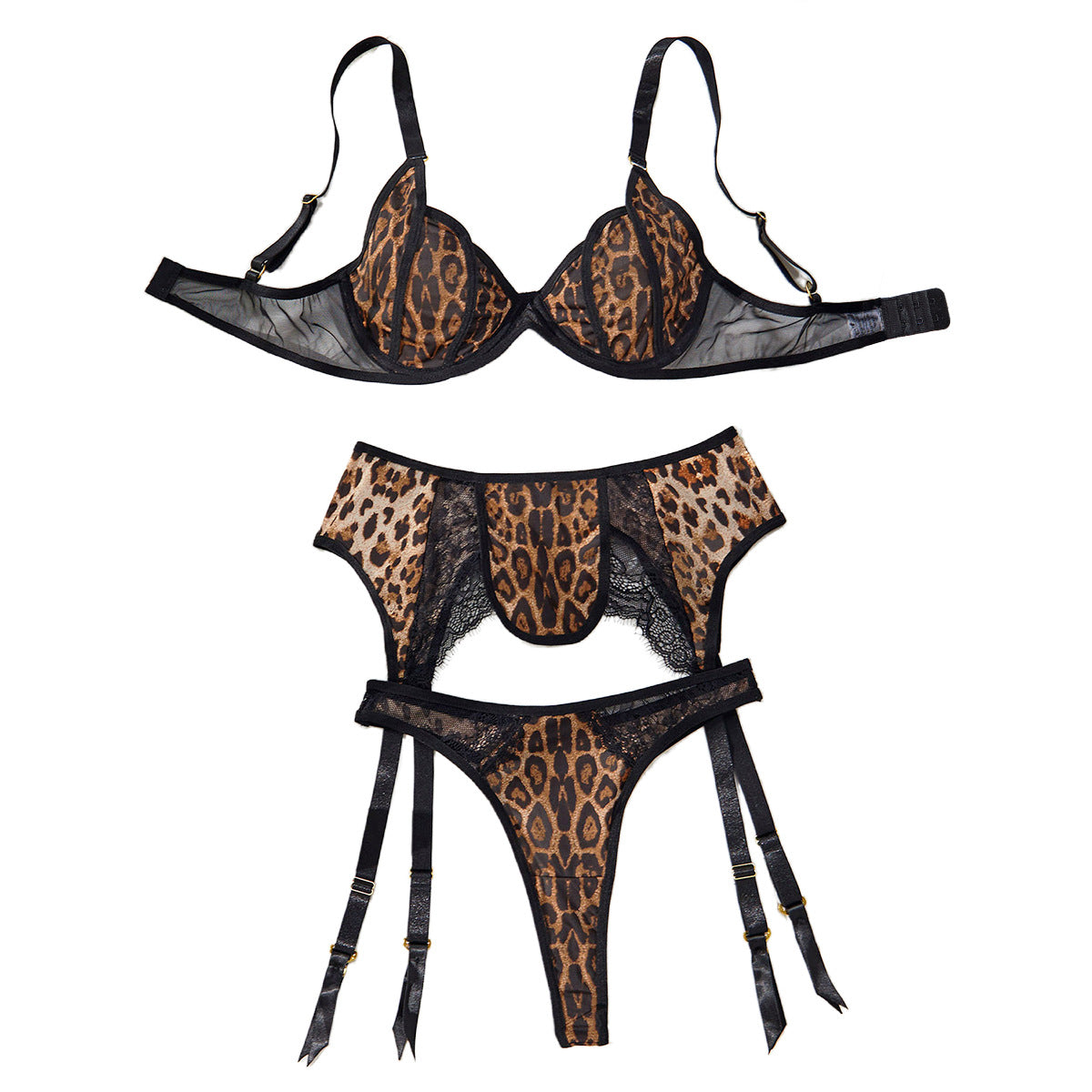 Lace Patchwork Sexy Leopard Print Set Low-Cut Erotic Lingerie Three-Piece Set
