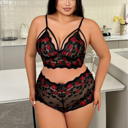 Plus-Size Erotic Lingerie Three-Point Set Semi-Transparent Mesh Sheer Lace Erotic Lingerie Set