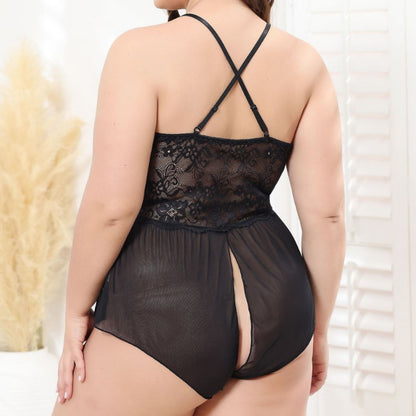 Lingerie Plus Size Jumpsuit with Perspective Opening, Sexy and Seductive Jumpsuit Set