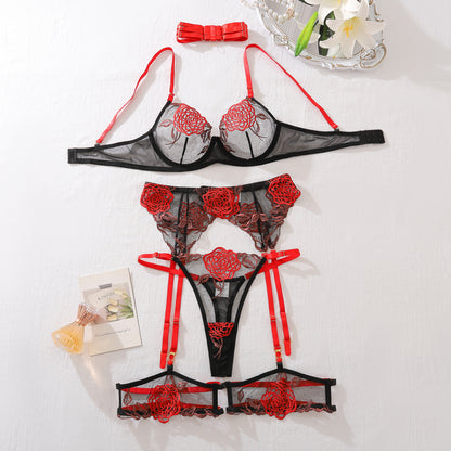 Rose Embroidery Patchwork See-Through Mesh Push-Up Low-Cut Sexy Lingerie Five-Piece Set