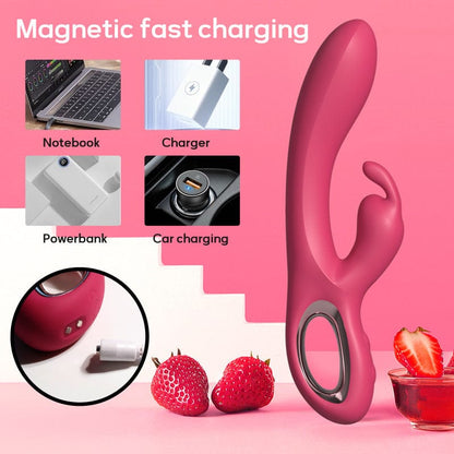 Quusvik 2-in-1 Rabbit Vibrator – 10 Vibration Modes, Dual Motors, Full Waterproof, Ergonomic Ring Handle (Rose Red/Purple)