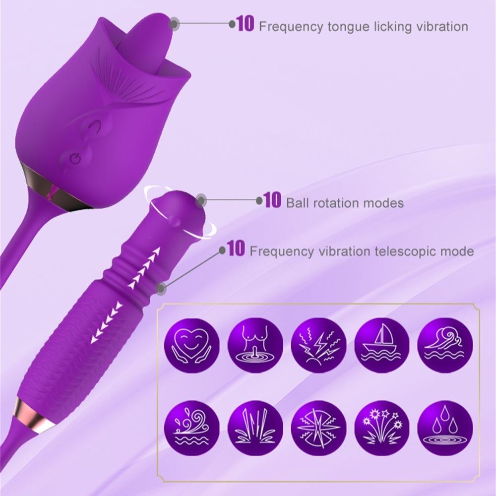 Quusvik - Purple Rose Toy Rotating Pearls Telescopic Tongue-licking Vibrator