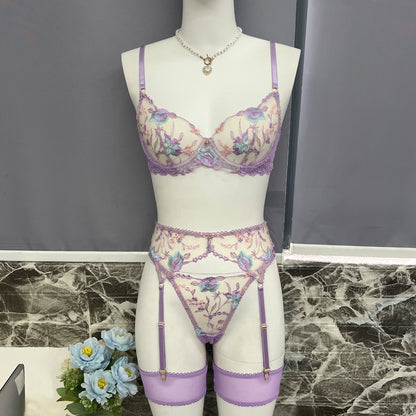 Sensational 4-Piece Lingerie Kit Floral Embroidered Underwire Gorgeous G-String with Garter Belt