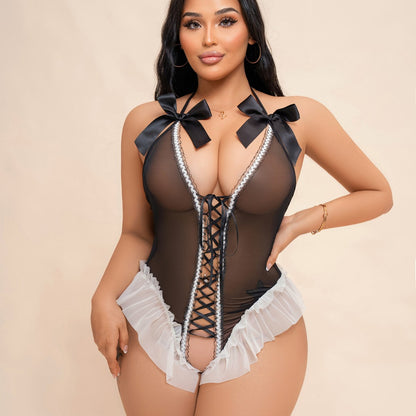 Plus Size Bow Tie Halter Neck Sheer Lace Bodysuit