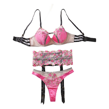 Floral Embroidered Sheer Mesh Underwire Bra Alluring G-String Garter Belt Sexy  Lingerie Trio