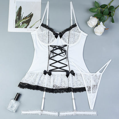 Sexy Lingerie Pure Lace Cross Straps Bow Black And White Set