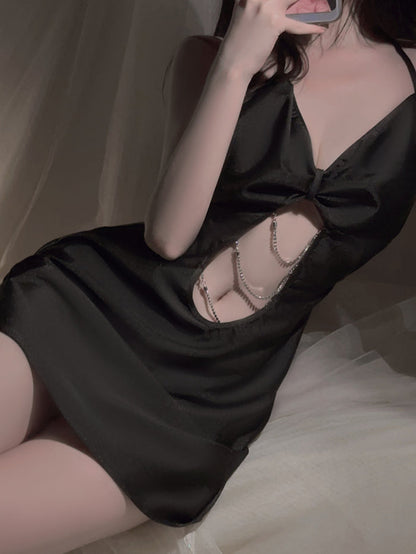 Deep V Halter Neck Chain Satin Nightdress