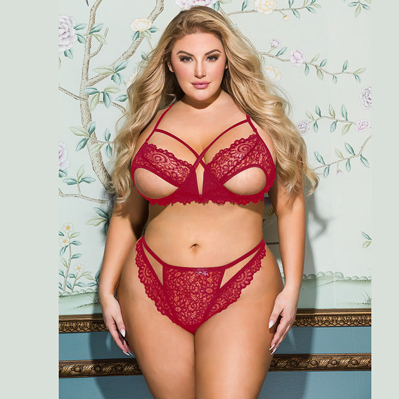 Large Size Erotic Lingerie Deep V Hollow-out Lace Exposed-breast Strap Tempting Sexy Bra Set