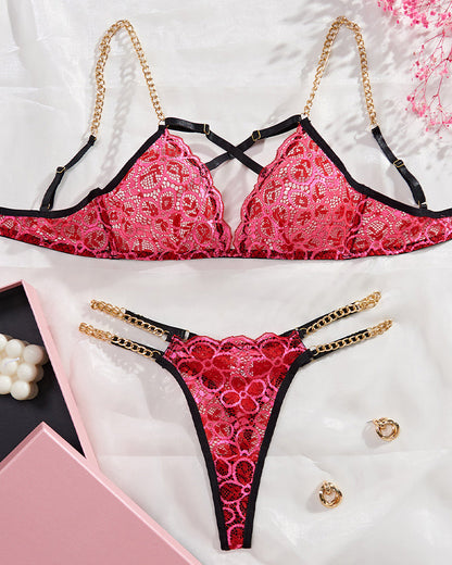 Hollow Out Chain Floral Sheer Lingerie Sets