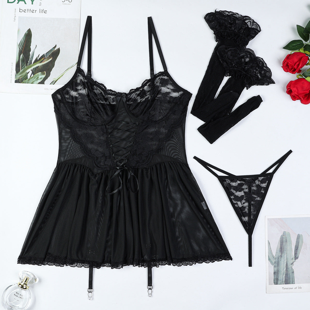 Lace Band Cross Sexy Suspenders Mesh See-through Dress Suit