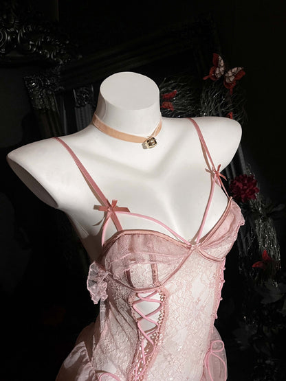 Lace Sheer Strappy Crotchless Nightdress