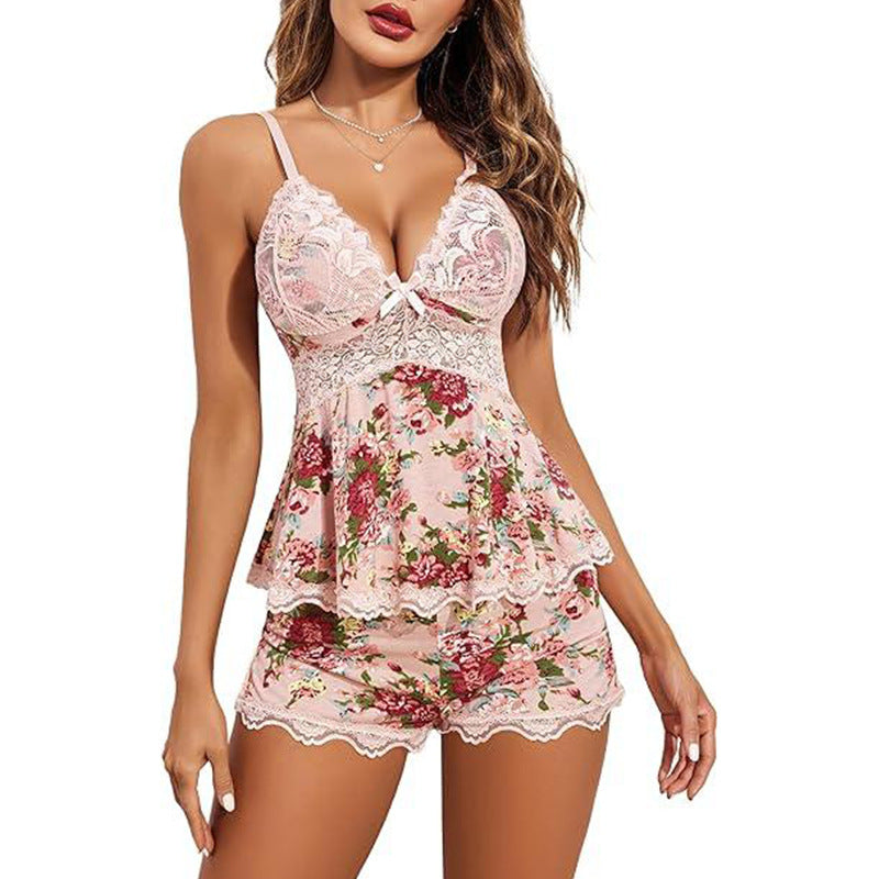 Flower V-neck Strap Sexy Lingerie Lace Edge Pajamas Suit