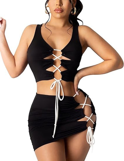 Cross Strap Open Crotch Ultra Short Sexy Two-Piece Suit