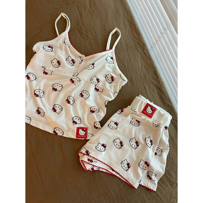 Kitten Print Suspender Sexy Pajama Shorts Set