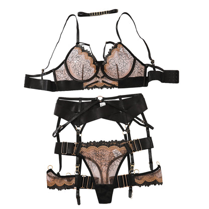Alluring Women's Floral Lace Lingerie Set Featuring Embroidered Strappy Cut-Out Design Garter Belt