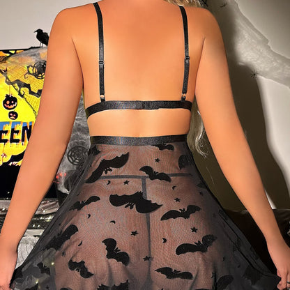 Deep V Print Sexy Waist-revealing Mesh Transparent Lace Thong Erotic Lingerie Two-piece Set