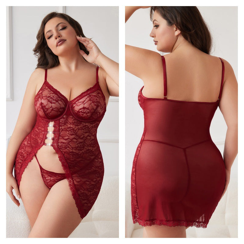 Large Size Sexy Lace Transparent Set with Suspender Slit Style Lingerie Two Piece Set