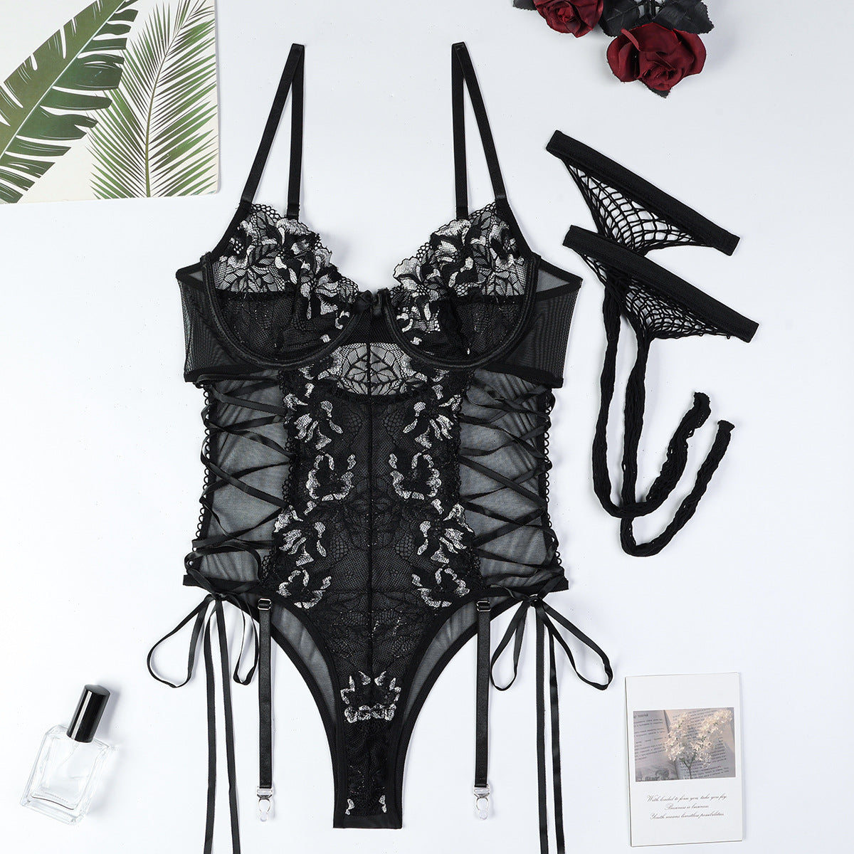 Lace Hollow out Strap Two-Color Jumpsuit with Steel Ring Straps