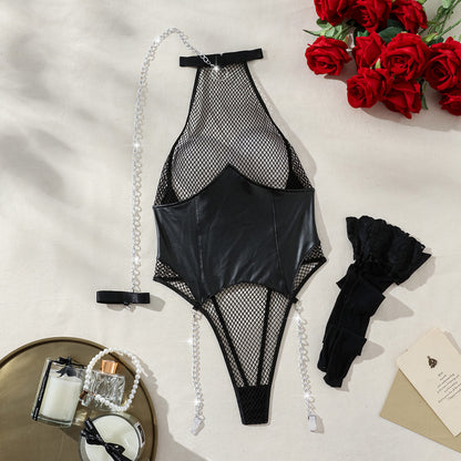 Sexy Women's Nightclub Lingerie Mesh Patchwork Bondage Chains High Cut Leotard Bodysuit