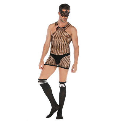 Men's See-Through Fishnet Halter Bodysuit with Striped Stockings and Lace Mask Set