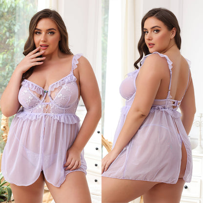 Plus Size Camisole with Embroidery and Underwire, Sexy Transparent Lace Mini Lingerie Skirt