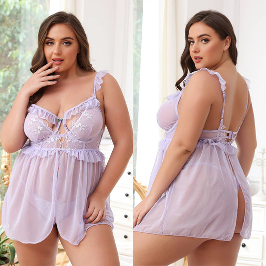 Plus Size Camisole with Embroidery and Underwire, Sexy Transparent Lace Mini Lingerie Skirt
