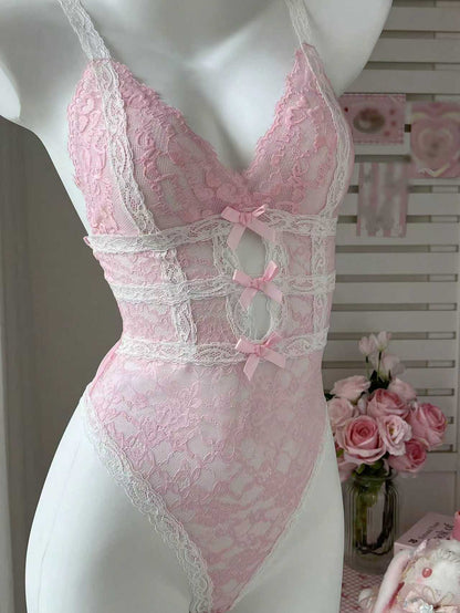 Deep V Sheer Pink Bow Lace Bodysuit
