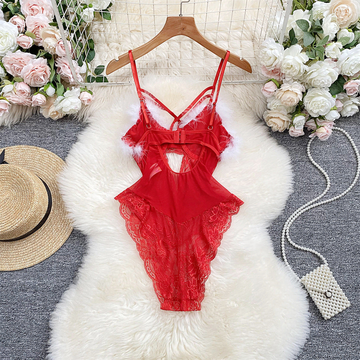 Sexy Lingerie Plush Jumpsuit Temptation Suit Sexy Lace Mesh with Steel Ring