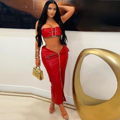 Sexy 2-Piece Dress Set PU Leather Metal Buckle-Embellished Crop Top Split Package Hip Skirt